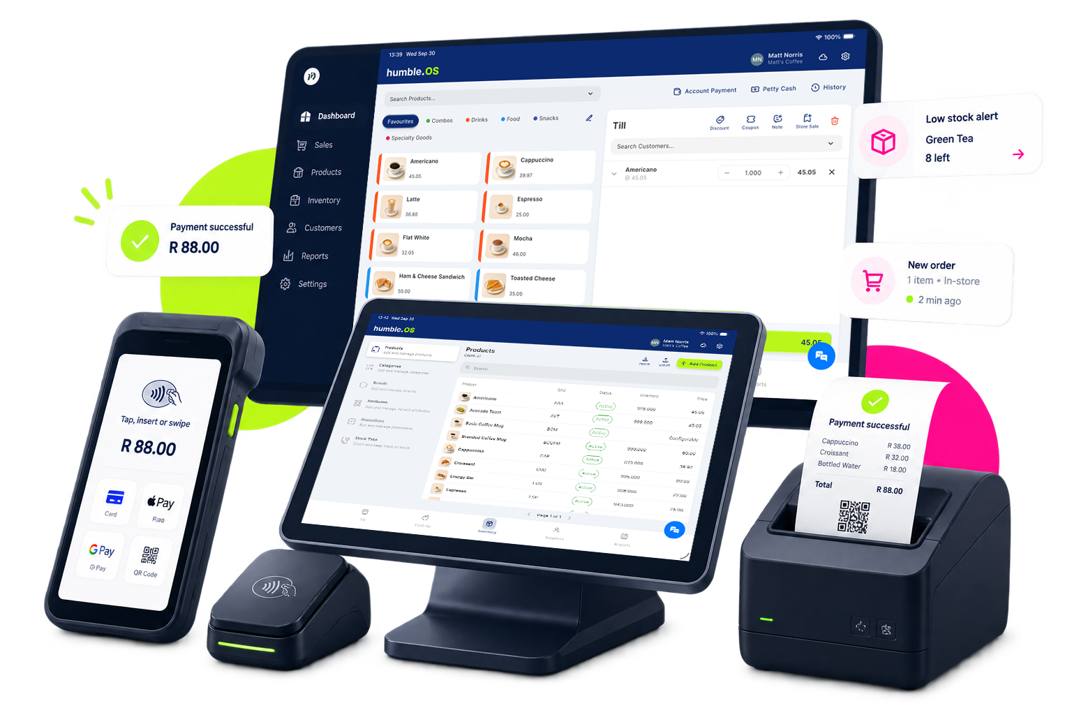 humble.OS running across a tablet, POS touchscreen, handheld card machine, contactless reader and receipt printer